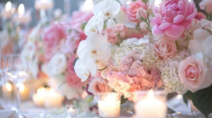 Aufkleber - A close-up shot of a pink and white floral centerpiece with candles. The centerpiece features orchids, peonies, roses, and hydrangeas. The candles are in glass holders and are lit.