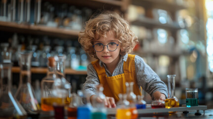 Aufkleber - A young boy with curly hair and glasses looks at the camera while working on a science experiment. He is surrounded by beakers and flasks filled with colorful liquids.