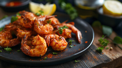 Wall Mural - Spicy Grilled Shrimp Plate with Lemon and Herbs on Dark Background