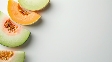 Wall Mural - Fresh Summer Fruits - Slices of Watermelon, Cantaloupe, and Honeydew Melon on Table, Top View