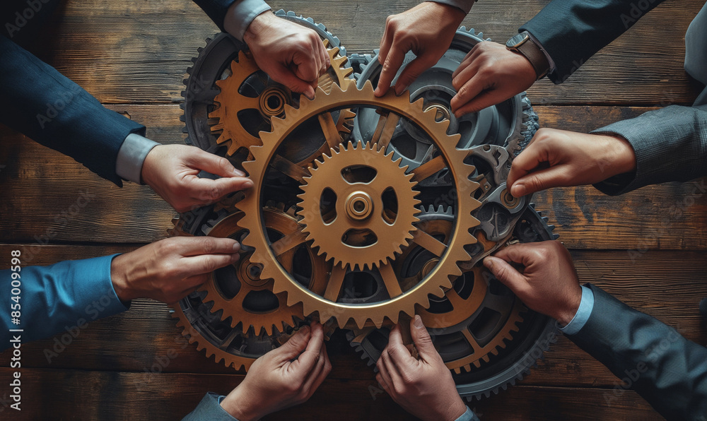 Business concept.Unity.top view of business people holding cog wheel as ...