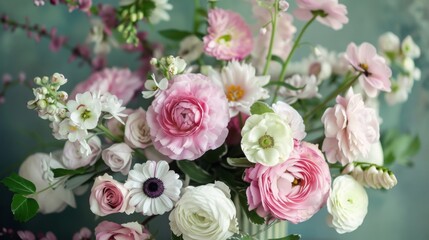 Poster - Close-up of lovely pink, white bouquet with ranunculus, daisies, assorted blooms in a vase. Pastel colors, delicate petals evoke romance, elegance.