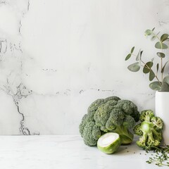 Fototapete - A close-up shot of broccoli florets and a sprig of eucalyptus on a white marble countertop.