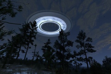 Wall Mural - mysterious ufo sighting over a nocturnal forest landscape