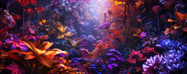 Wall Mural - A magical garden hidden within a labyrinthine maze, where enchanted flowers bloom in kaleidoscopic colors.