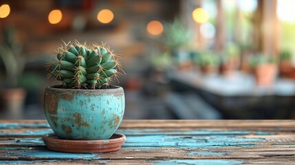 Poster - A close-up shot of a small green cactus in a turquoise pot, sitting on a rustic wooden table. The background is blurred, showcasing a bright cafe-like setting.