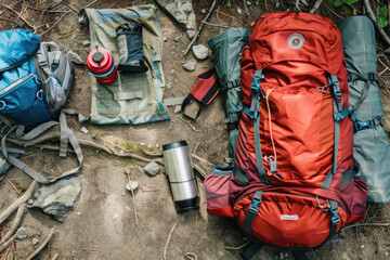 Backpack with mountain hiking equipment laying around