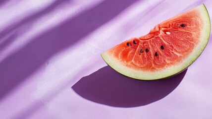 Wall Mural - Watermelon slice with visible seeds on pink background under soft shadows