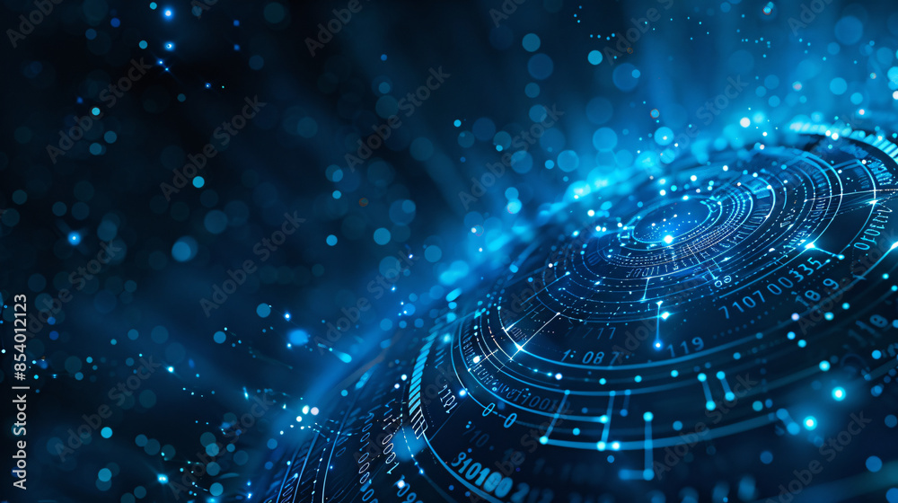 An intricate digital design featuring binary code and radial patterns ...