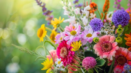 Wall Mural - A vibrant bouquet of wildflowers in various colors and shapes arranged haphazardly. Stems and leaves are visible in a soft, blurred green background, evoking a sunny summer day.