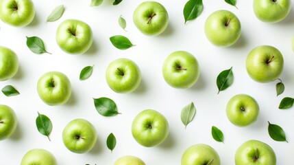 A pattern of fresh green apples in top view, flat lay style, isolated on a white background