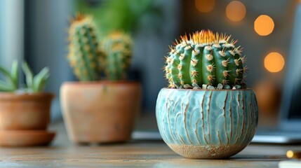 Poster - A green cactus plant with sharp spines sits in a blue ceramic pot, resting on a wooden surface. Two other cactus plants are blurred in the background, and a laptop is partially visible.