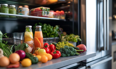 Products on the background of the kitchen. A variety of vegetables, fruits, herbs, juices and other drinks on the table against the background of a blurred kitchen and refrigerator. Healthy diet.