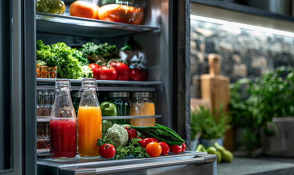 Products on the background of the kitchen. A variety of vegetables, fruits, herbs, juices and other drinks on the table against the background of a blurred kitchen and refrigerator. Healthy diet.