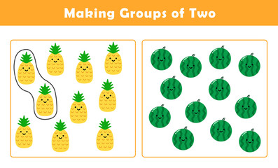 Wall Mural -  Making Groups of Two Worksheet. Grouping Picture Math Activity for Kids. Fun Math Activity for Children. Counting with Cute Pictures Worksheet.