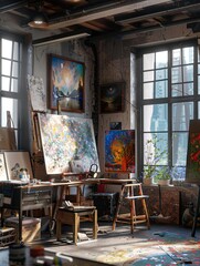 Poster - An artists studio filled with creative energy and advanced technology, showcasing a combination of traditional and digital art practices. Generative AI