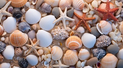 Wall Mural - collection of seashells arranged on a sandy beach, each one unique and beautiful in its own way.