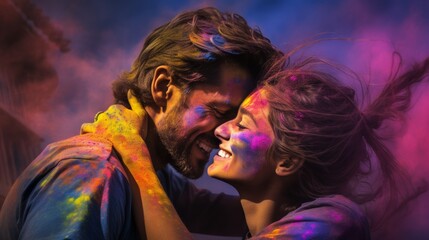 Poster - couple embracing amidst a shower of Holi colors, symbolizing love and unity during the festival.