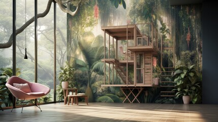 Poster - dreamy treehouse nestled among the branches of a towering tree, its walls decorated with pastel-colored tropical leaf wallpaper.