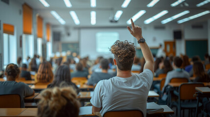 Poster - A student raises their hand in a classroom setting during a lecture. Other students are visible in the background.