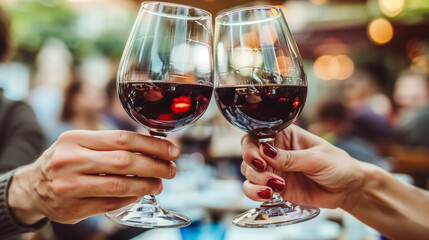 Two people are holding wine glasses and toasting to each other