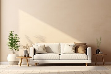 Wall Mural - Modern Living Room Interior Design with Beige Walls and White Sofa, Coffee Table and Beige Wall Background