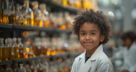 Aufkleber - A young boy smiles while wearing a lab coat, standing in front of shelves of beakers and flasks.