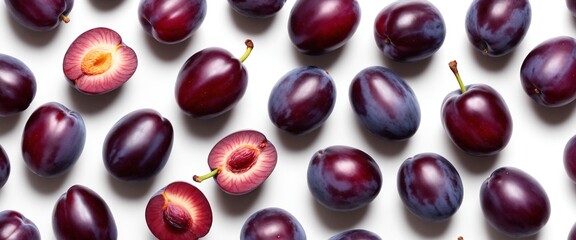 Canvas Print - Fresh purple plum fruits on white background. Top view flat lay