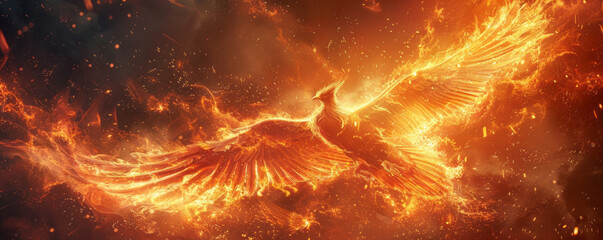 Wall Mural - A phoenix rising from the ashes, its wings ablaze with fire.