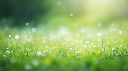 Poster - fresh spring green grass background with a subtle bokeh effect, creating a dreamy and ethereal atmosphere.