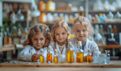 Aufkleber - Three young girls in lab coats are studying chemicals in a laboratory setting.
