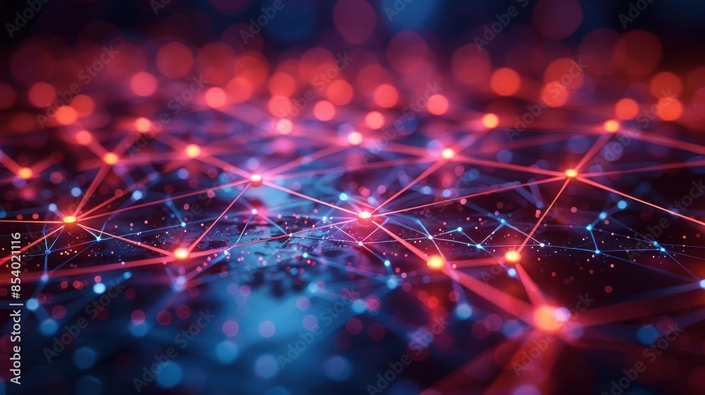 Abstract digital network, glowing red and blue nodes connected by lines ...