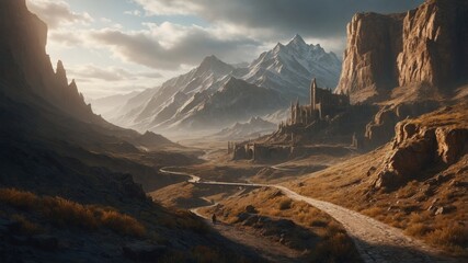 Wall Mural - Game art road leading to dark mountains