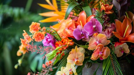 A close-up image of a vibrant tropical flower arrangement featuring orchids, lilies, and other colorful blooms. The bouquet is arranged in a vase and showcases the beauty of natures vibrant hues.