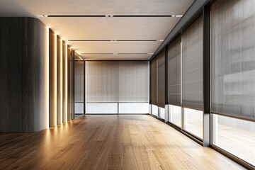 Poster - A simple, minimalist space with wooden flooring and large windows