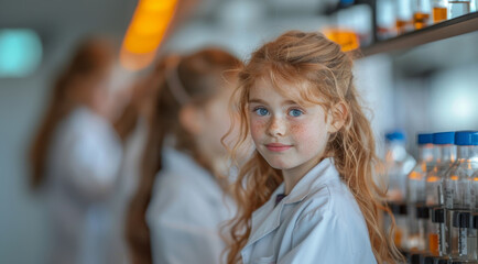 Aufkleber - A young girl with long red hair, wearing a white lab coat, looks directly at the camera while standing in a laboratory.