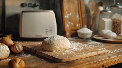 Poster - Freshly baked bread sitting on a rustic wooden cutting board, great for food photography or recipe illustrations