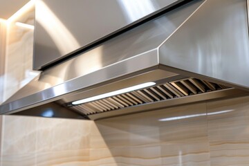 Poster - A stainless steel range hood installed in a kitchen, suitable for use in editorial and commercial photography