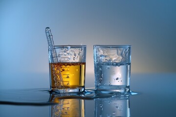 Poster - A simple still life image showing two glasses, one filled with water and the other with an unknown liquid, placed on a table