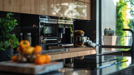 Aufkleber - A kitchen with modern appliances and a potted plant on the counter