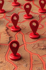 Poster - A detailed view of a map with red pin markers, suitable for travel or navigation purposes