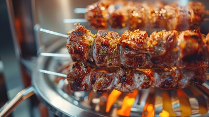 Poster - A close-up view of sizzling grilled meat, perfect for food-related uses or editorial purposes
