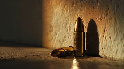 Aufkleber - A close-up shot of a bullet lying on the ground, with a rough texture and some dirt surrounding it