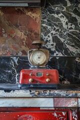 Poster - A close-up shot of a red stove with a clock on top, perfect for depicting time and warmth