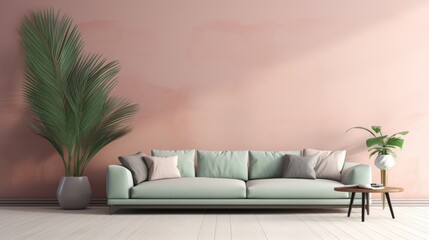 Poster - minimalist living room with clean lines and pastel-colored tropical leaf wallpaper, exuding a sense of tranquility and balance.