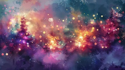 Wall Mural - Festive Christmas Forest with Sparkling Lights. Abstract Colorful Christmas Trees in Fog, Magical Forest with Bright Bokeh Light Effects, New Year's Card Illustration