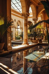 Poster - A photo of a swimming pool surrounded by columns in a big building, perfect for use as an architectural or interior design reference image