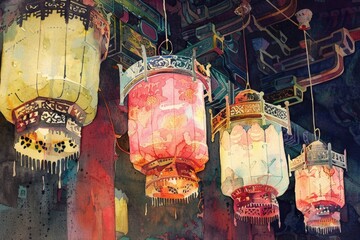 Poster - Group of lanterns hanging from a ceiling, ideal for decorative or event use