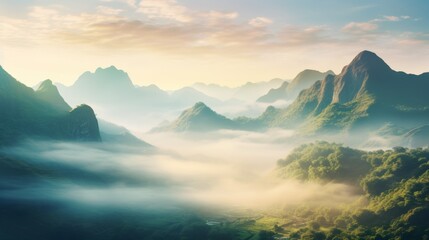 Wall Mural - misty tropical mountain range shrouded in pastel-colored clouds, its peaks reaching towards the heavens.