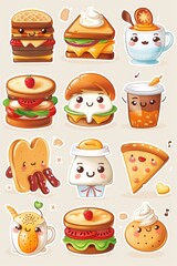 Poster - A collection of colorful food stickers featuring various facial expressions and characters